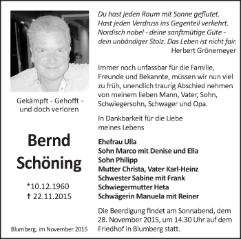 Traueranzeige von Bernd Schöning von Märkische Oderzeitung