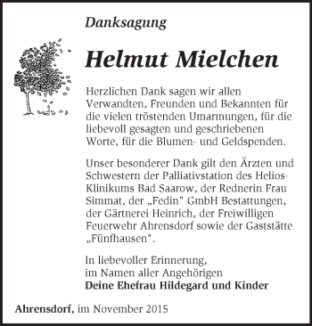 Traueranzeige von Helmut Mielchen von Märkische Oderzeitung