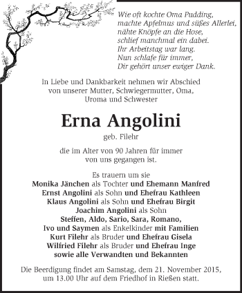 Traueranzeige von Erna Angolini von Märkische Oderzeitung