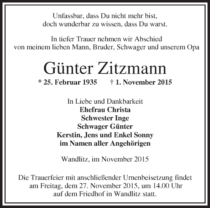 Traueranzeige für Günter Zitzmann vom 21.11.2015 aus Märkische Oderzeitung