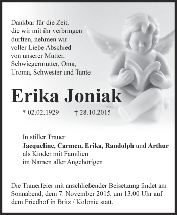 Traueranzeige von Erika Joniak von Märkische Oderzeitung