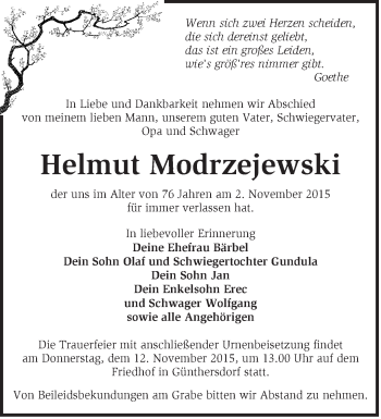 Traueranzeige von Helmut Modrzejewski von Märkische Oderzeitung