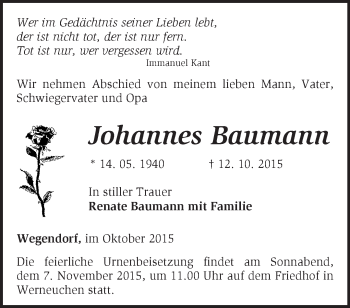 Traueranzeige von Johannes Baumann von Märkische Oderzeitung