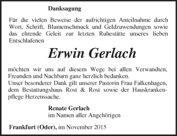 Traueranzeige von Erwin Gerlach von Märkische Oderzeitung