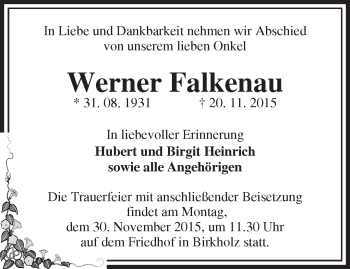 Traueranzeige von Werner Falkenau von Märkische Oderzeitung