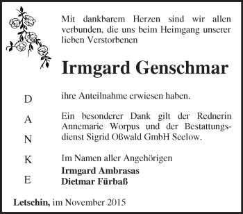 Traueranzeige von Irmgard Genschmar von Märkische Oderzeitung