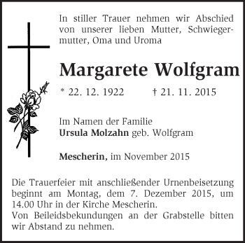 Traueranzeige von Margarete Wolfgram von Märkische Oderzeitung