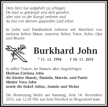 Traueranzeige von Burkhard John von Märkische Oderzeitung