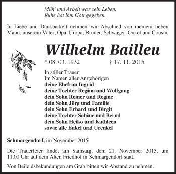 Traueranzeige von Wilhelm Bailleu von Märkische Oderzeitung