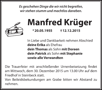 Traueranzeige von Manfred Krüger von Märkische Oderzeitung