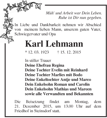 Traueranzeige von Karl Lehmann von Märkische Oderzeitung