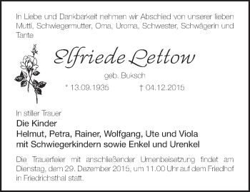 Traueranzeige von Elfriede Lettow von Märkische Oderzeitung