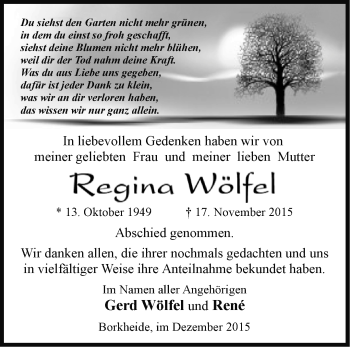 Traueranzeige von Regina Wölfel von Märkische Oderzeitung