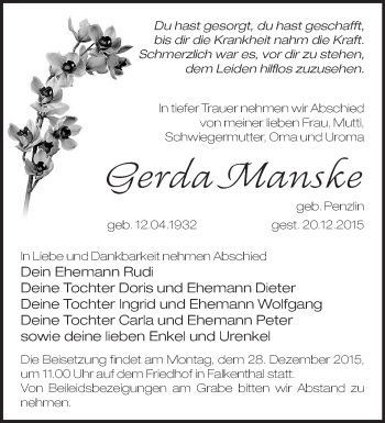 Traueranzeige von Gerda Manske von Märkische Oderzeitung