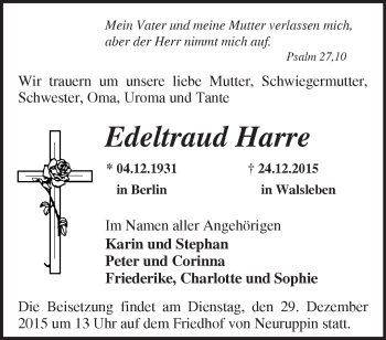 Traueranzeige von Edeltraud Harre von Märkische Oderzeitung