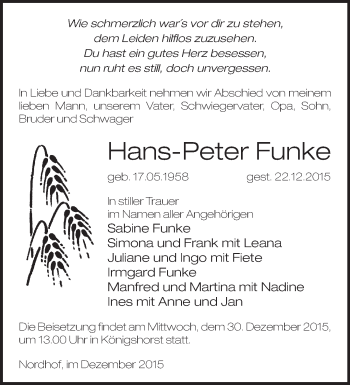 Traueranzeige von Hans-Peter Funke von Märkische Oderzeitung