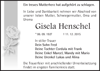 Traueranzeige von Gisela Henschel von Märkische Oderzeitung