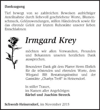 Traueranzeige von Irmgard Krey von Märkische Oderzeitung