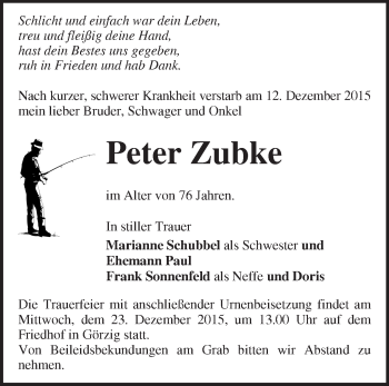 Traueranzeige von Peter Zubke von Märkische Oderzeitung