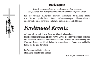 Traueranzeige von Ferdinand Krentz von Märkische Oderzeitung