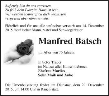 Traueranzeige von Manfred Batsch von Märkische Oderzeitung