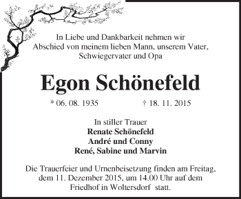 Traueranzeige von Egon Schönefeld von Märkische Oderzeitung