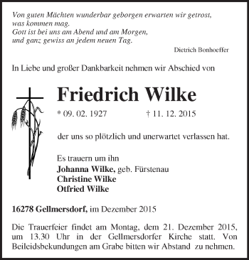 Traueranzeige von Friedrich Wilke von Märkische Oderzeitung