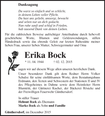 Traueranzeige von Erika Bock von Märkische Oderzeitung