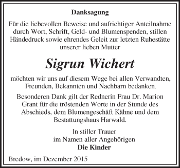 Traueranzeige von Sigrun Wichert von Märkische Oderzeitung