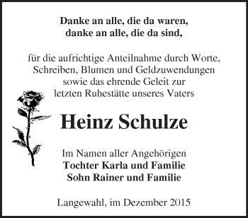 Traueranzeige von Heinz Schulze von Märkische Oderzeitung