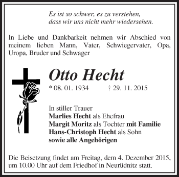 Traueranzeige von Otto Hecht von Märkische Oderzeitung