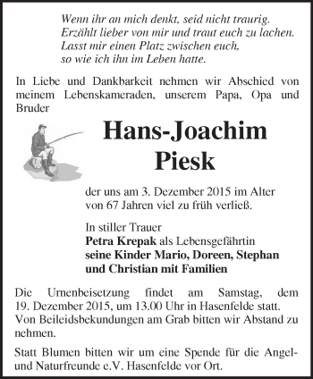 Traueranzeige von Hans-Joachim Piesk von Märkische Oderzeitung