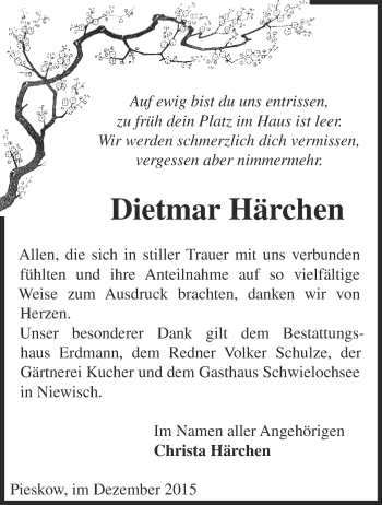 Traueranzeige von Dietmar Härchen von Märkische Oderzeitung