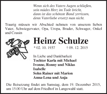 Traueranzeige von Heinz Schulze von Märkische Oderzeitung