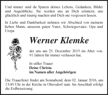 Traueranzeige von Werner Klemke von Märkische Oderzeitung