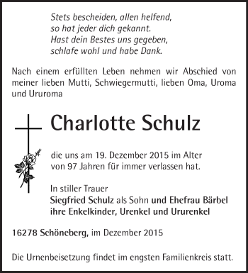 Traueranzeige von Charlotte Schulz von Märkische Oderzeitung