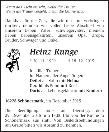 Traueranzeige von Heinz Runge von Märkische Oderzeitung