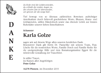 Traueranzeige von Karla Golze von Märkische Oderzeitung