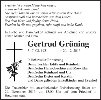 Traueranzeige von Gertrud Grüning von Märkische Oderzeitung