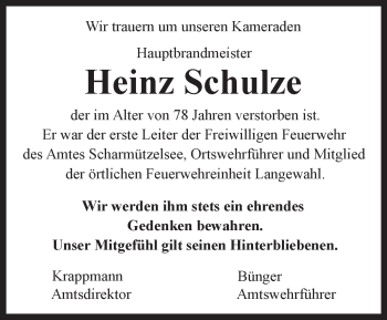 Traueranzeige von Heinz Schulze von Märkische Oderzeitung