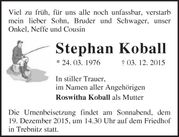 Traueranzeige von Stephan Koball von Märkische Oderzeitung