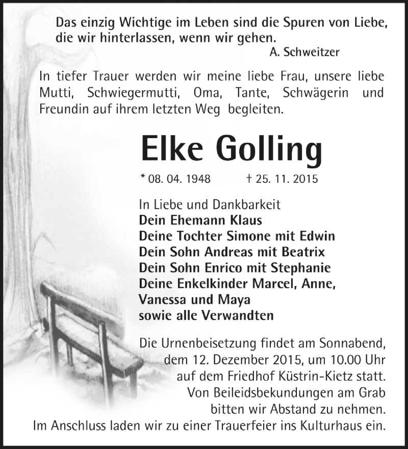  Traueranzeige für Elke Golling vom 05.12.2015 aus Märkische Oderzeitung