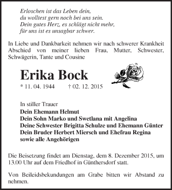 Traueranzeige von Erika Bock von Märkische Oderzeitung