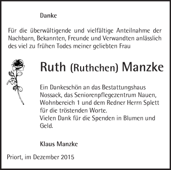 Traueranzeige von Ruth Manzke von Märkische Oderzeitung