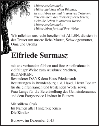 Traueranzeige von Elfrriede Surmasz von Märkische Oderzeitung