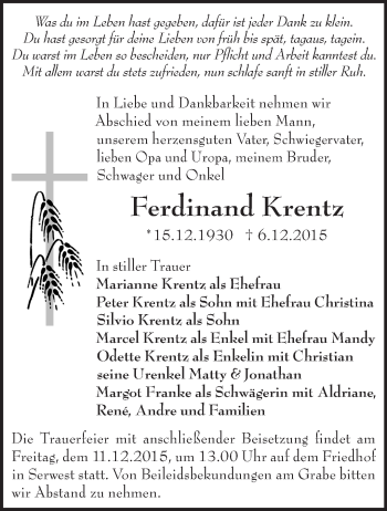 Traueranzeige von Ferdinand Krentz von Märkische Oderzeitung