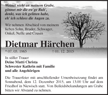 Traueranzeige von Dietmar Härchen von Märkische Oderzeitung