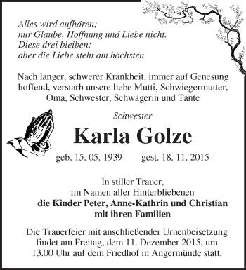 Traueranzeige von Karla Golze von Märkische Oderzeitung