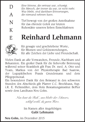 Traueranzeige von Reinhard Lehmann von Märkische Oderzeitung