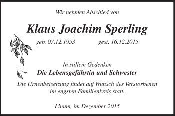 Traueranzeige von Klaus Joachim Sperling von Märkische Oderzeitung